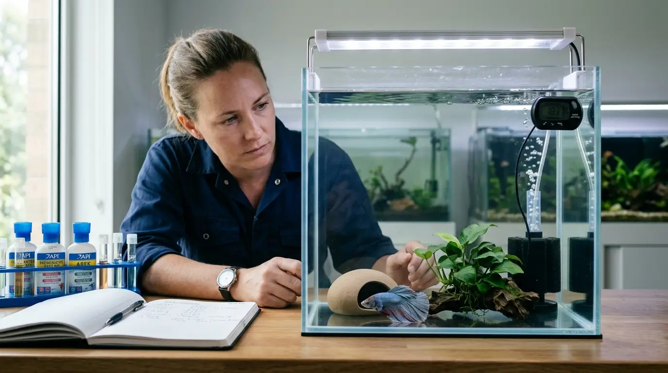 Aquarist carefully observing a lethargic betta and preparing to seek expert help.