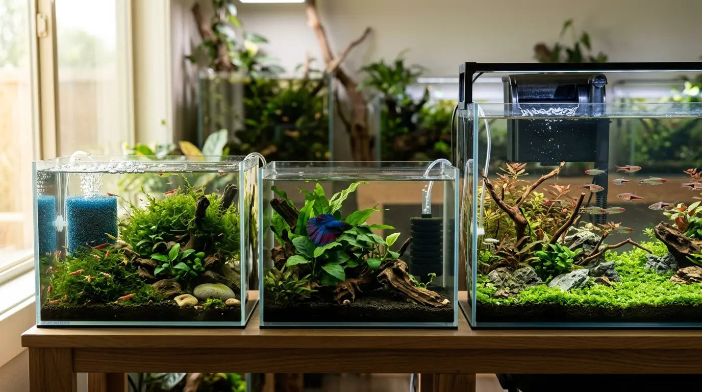 Sponge and hang on back filters matched to shrimp, betta, community, and higher-bioload aquarium setups.
