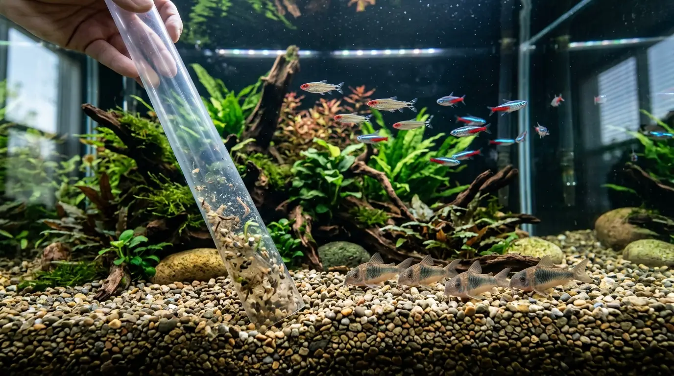 Aquarium gravel containing accumulated fish waste and plant debris being gently removed with a siphon in a healthy planted tank.