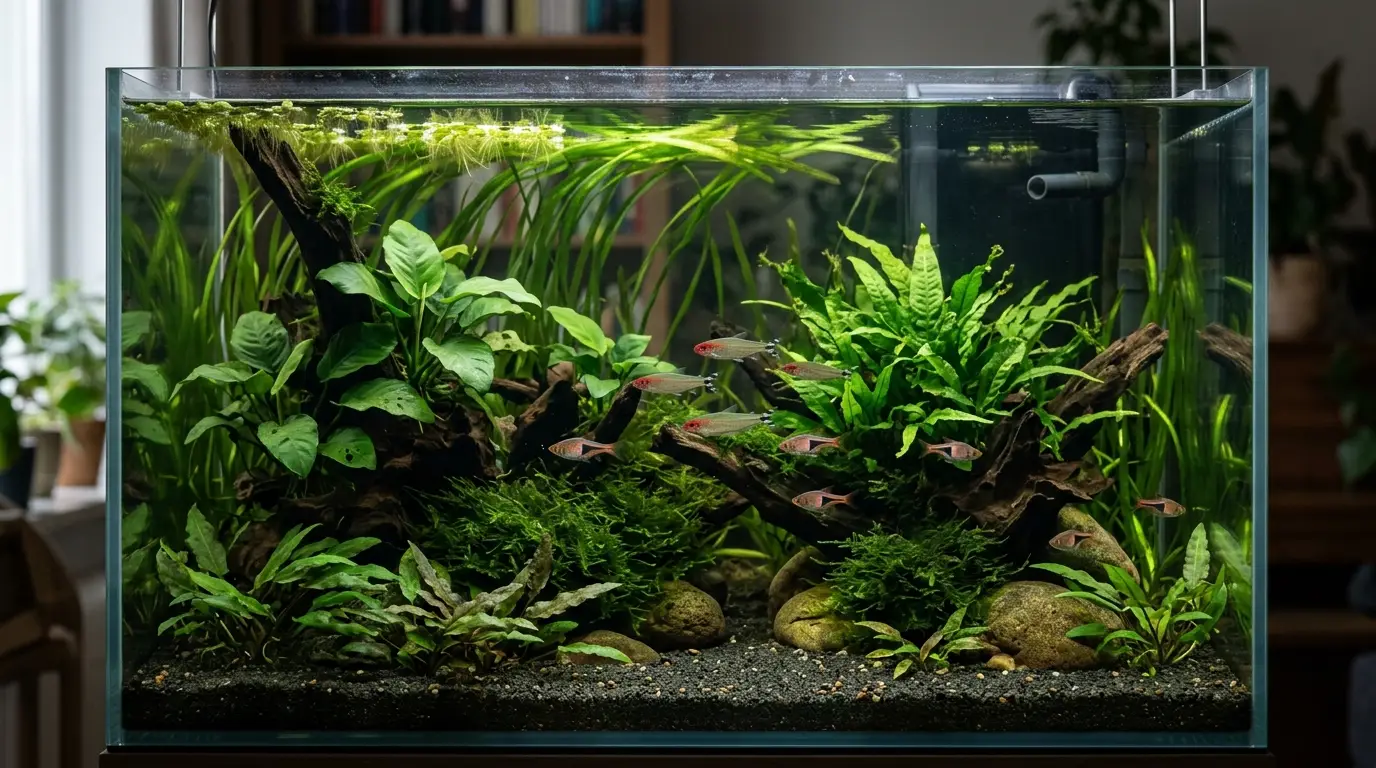 Healthy low-maintenance aquarium plants providing shelter and natural cover for freshwater fish in a simple low-tech tank.