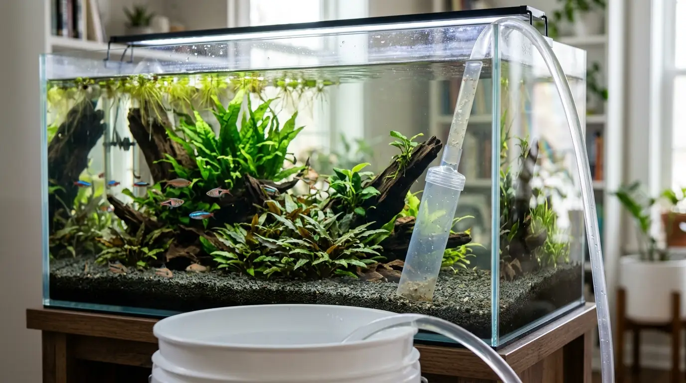A realistic planted freshwater aquarium being maintained with a gravel siphon during a controlled partial water change.