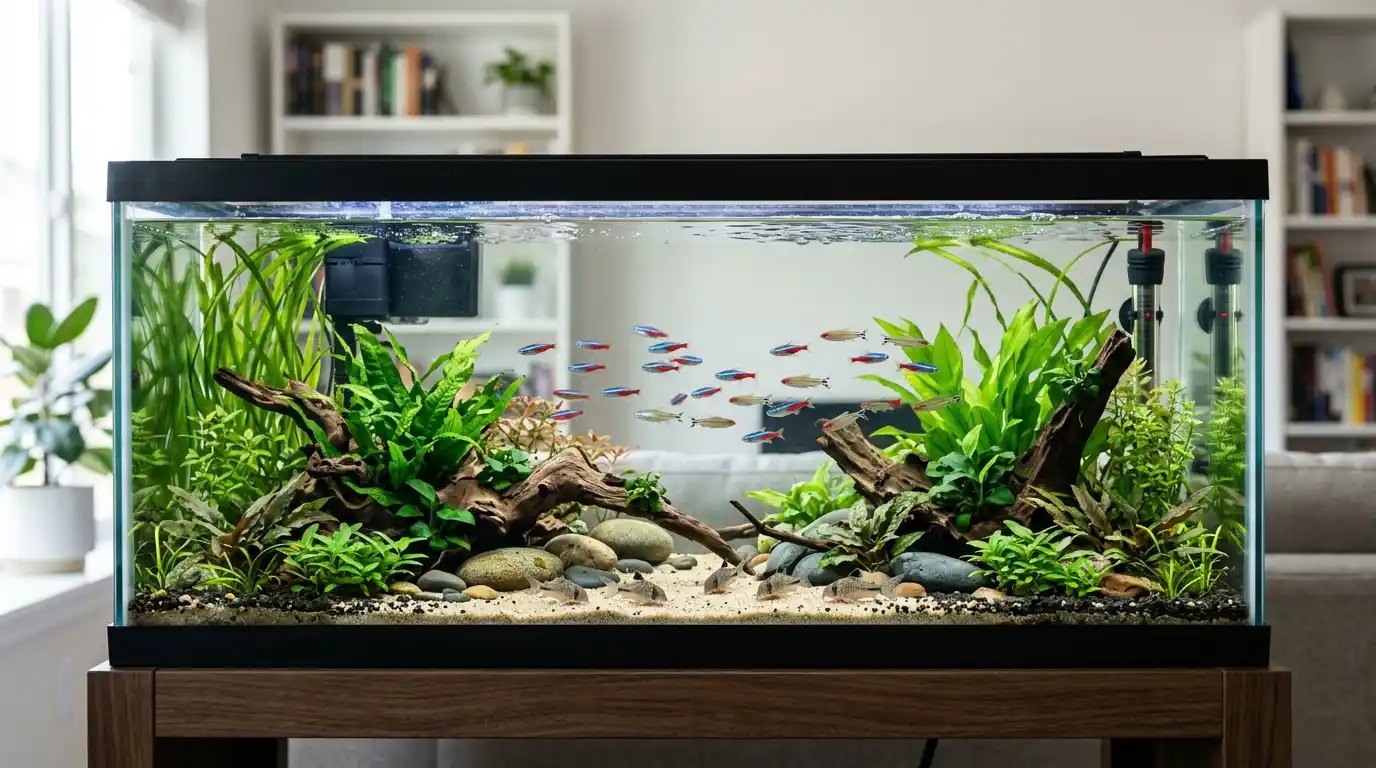 20-gallon long aquarium showing spacious swimming room, stable water volume, plants, filtration, and easy-to-manage equipment.