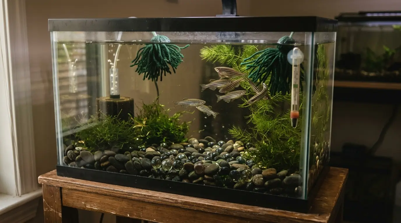 Zebra danios spawning in a dedicated breeding tank with spawning mops and a protective egg-catching setup.