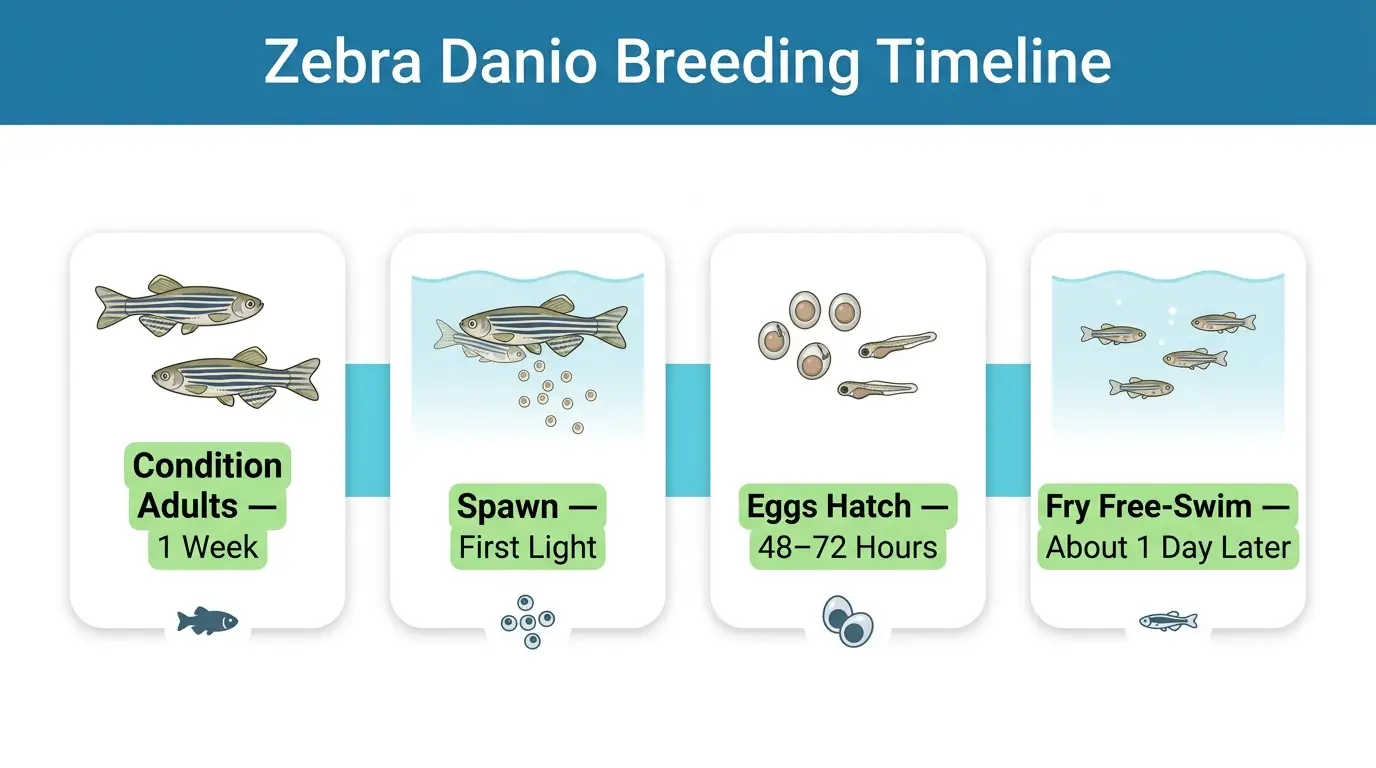 Zebra danio breeding timeline from conditioning adults and spawning to egg hatching and fry feeding.