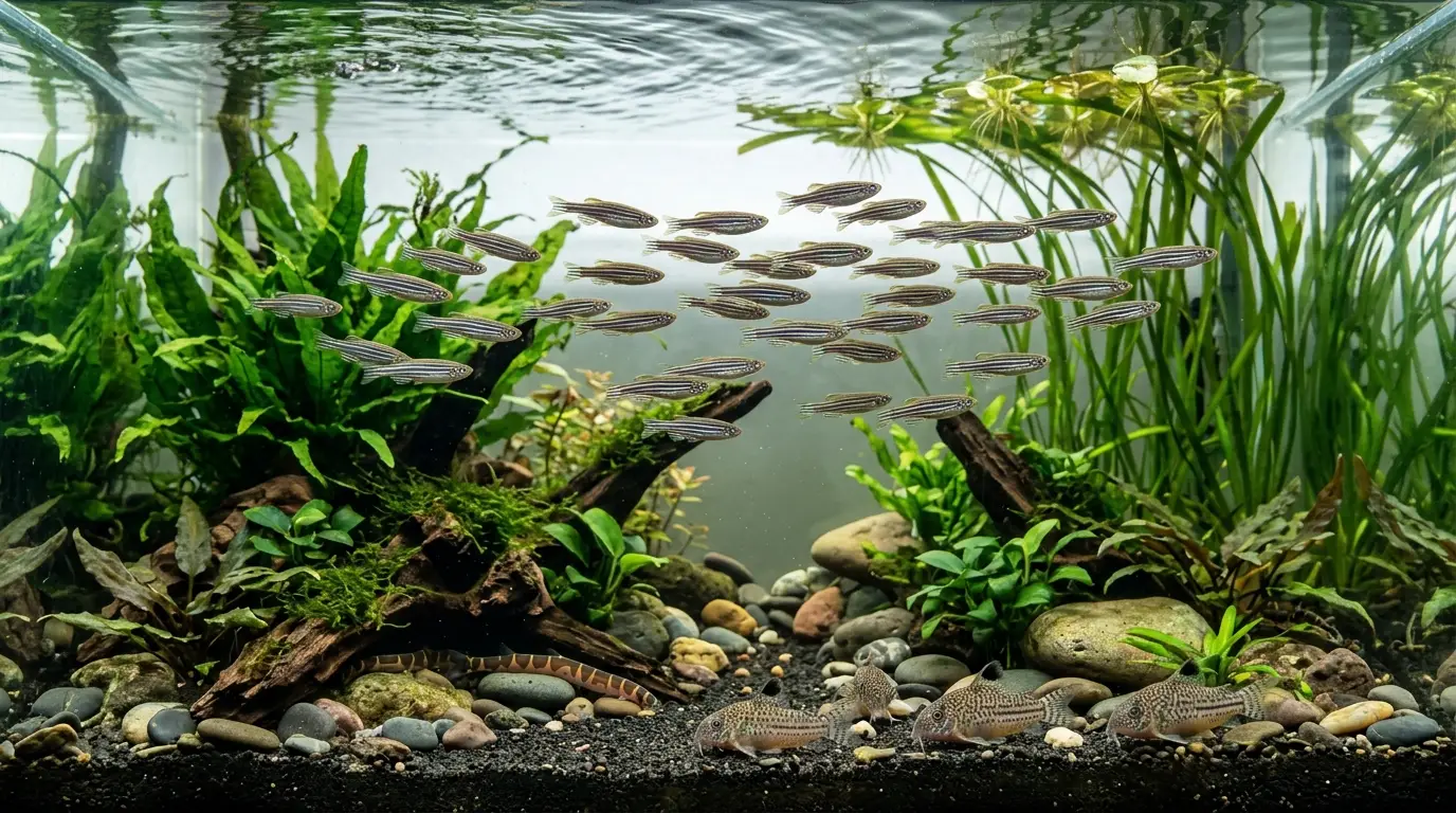 A peaceful community aquarium with zebra danios schooling alongside compatible bottom-dwelling fish.