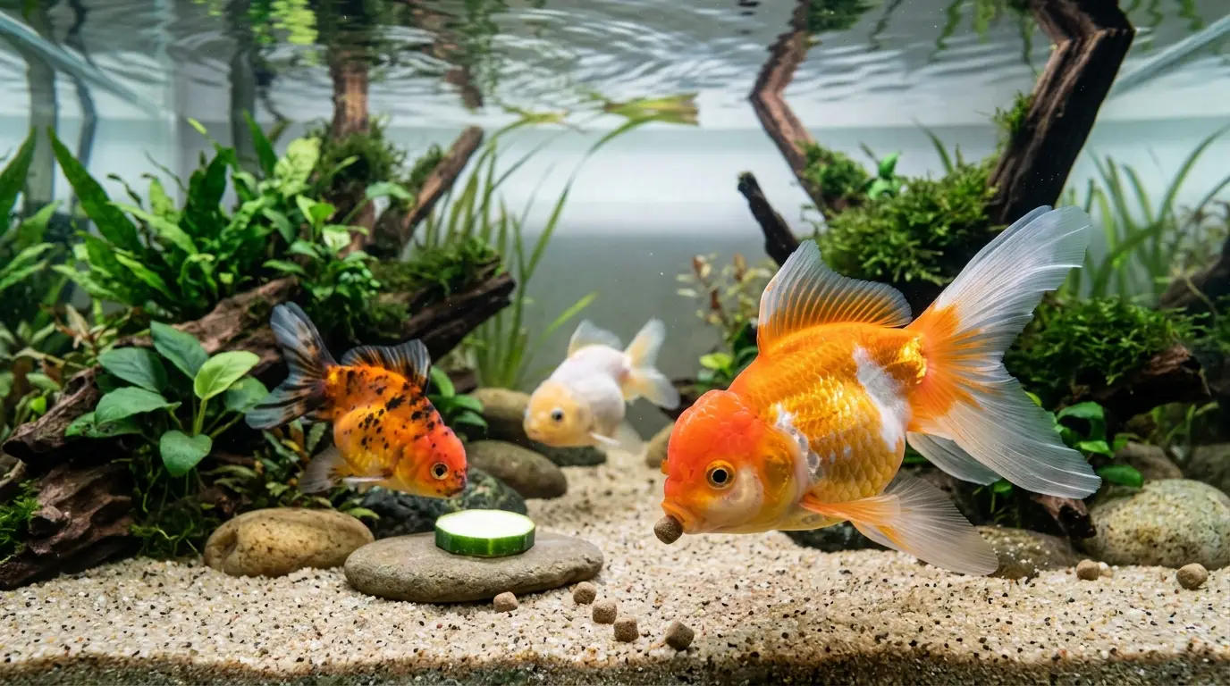Healthy goldfish eating small portions of sinking pellets in a clean planted aquarium with vegetables prepared as supplemental food