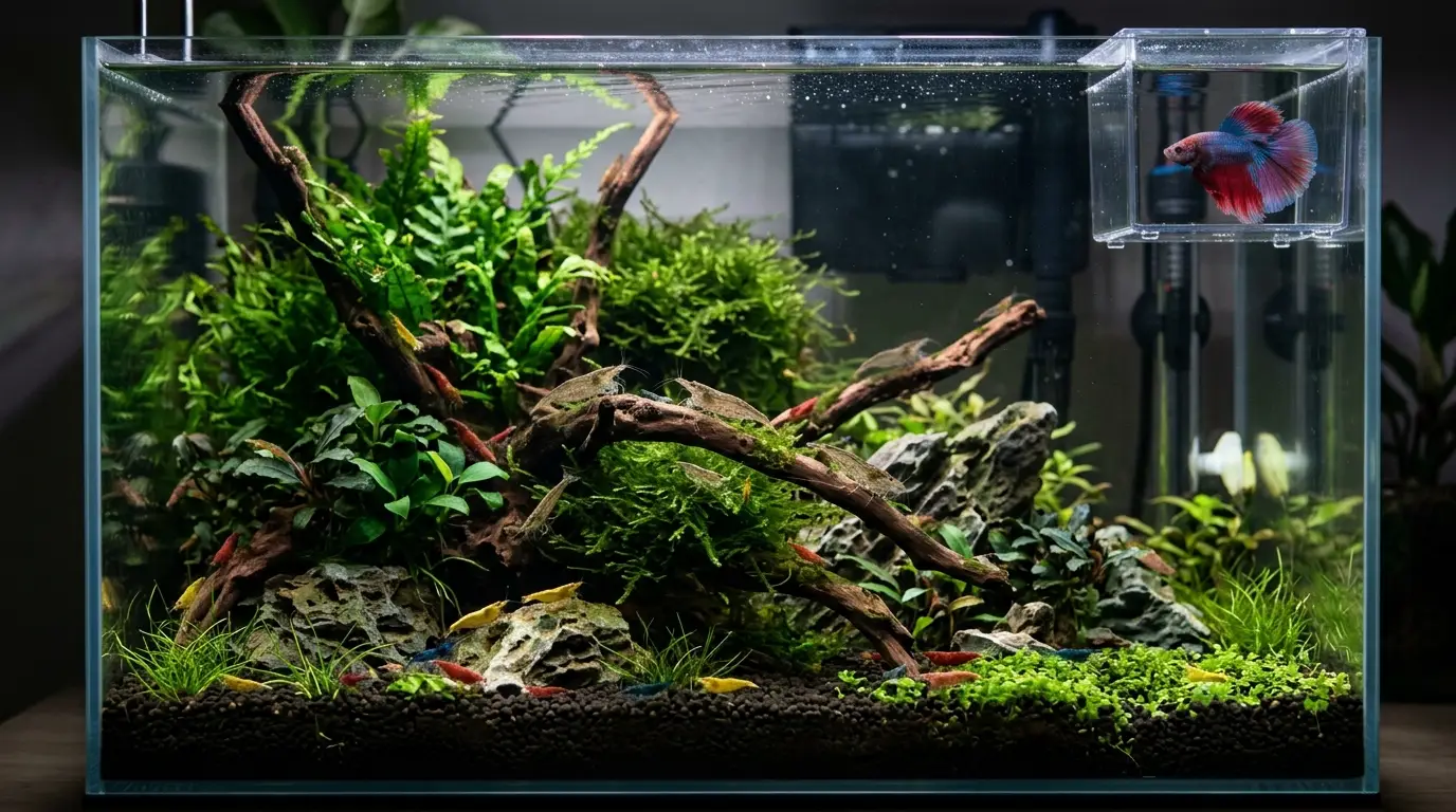 Adult shrimp settling into a planted aquarium before a betta is introduced.