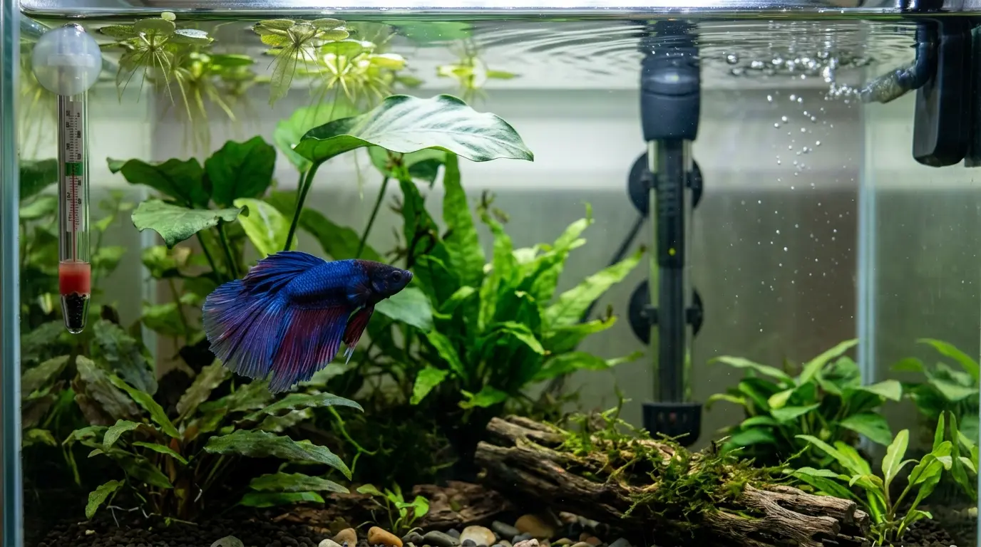 Betta aquarium with heater, gentle filter flow, aquatic plants, and healthy fish