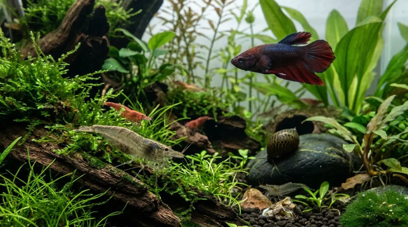 Betta fish sharing a heavily planted aquarium with Amano shrimp, cherry shrimp, and a nerite snail