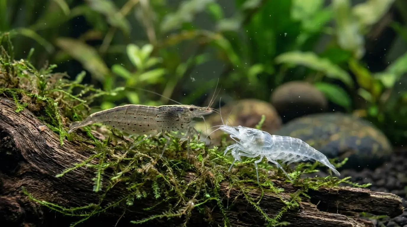 Amano shrimp beside a translucent shed exoskeleton on moss-covered driftwood in a stable planted aquarium