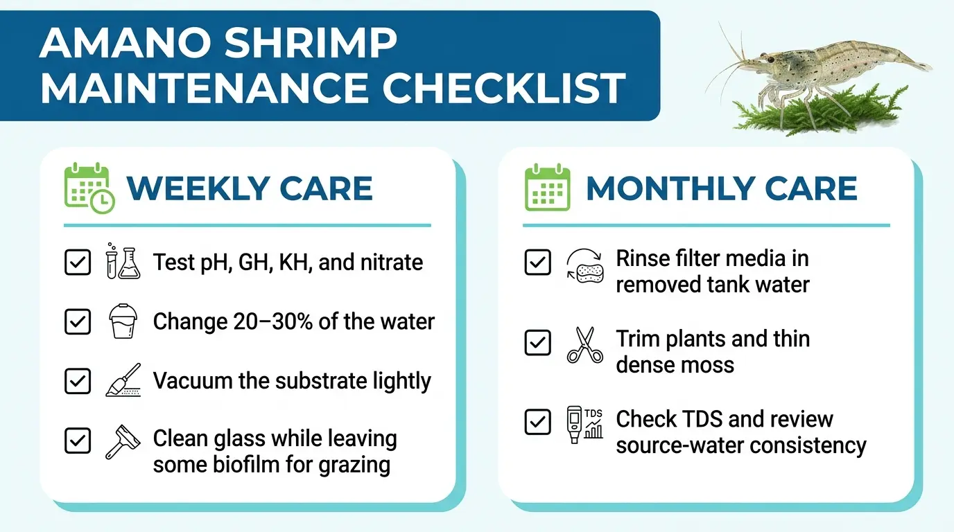 Amano shrimp aquarium maintenance checklist featuring water testing, partial water changes, filter care, and plant trimming