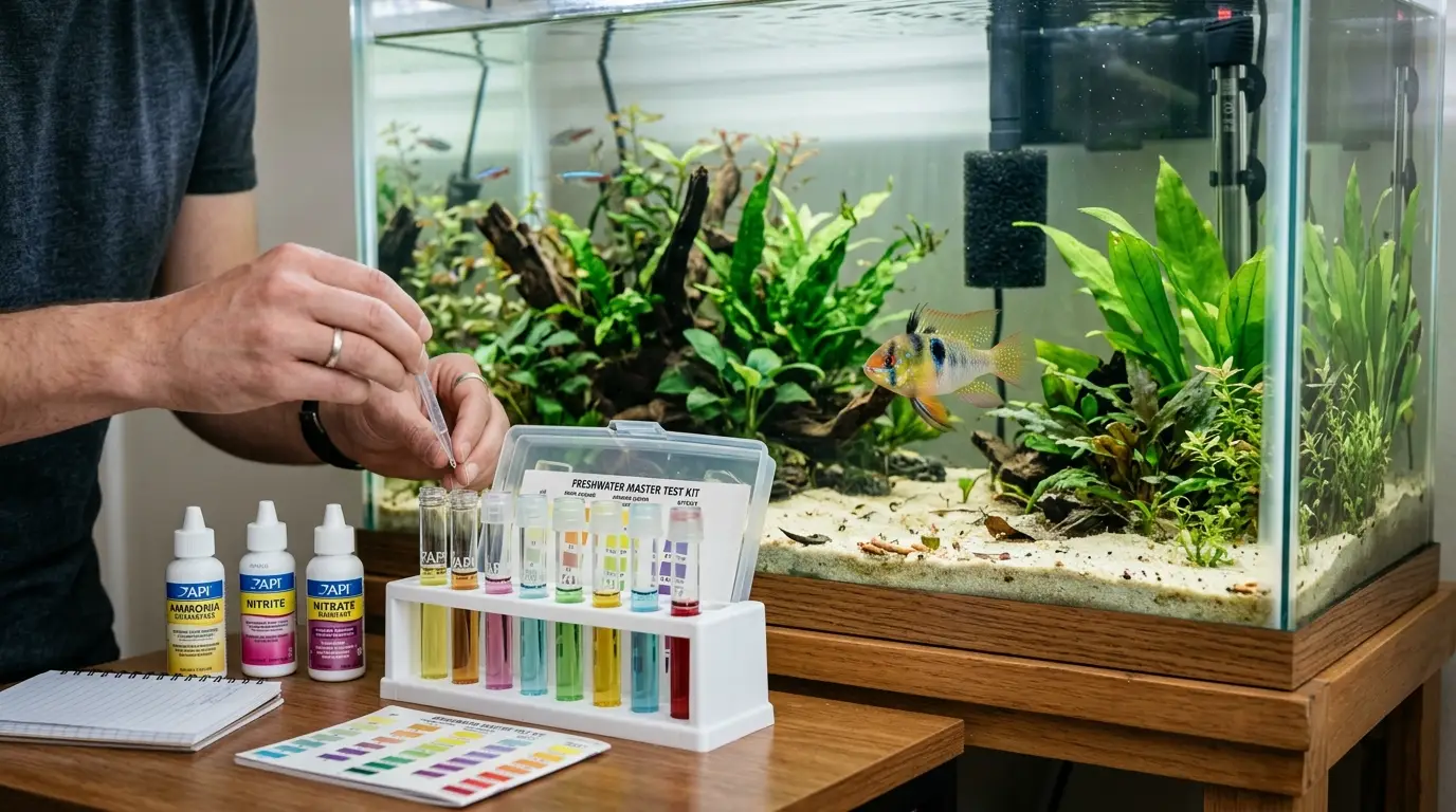 Aquarist testing aquarium water for ammonia and nitrite while fish show signs of respiratory stress.