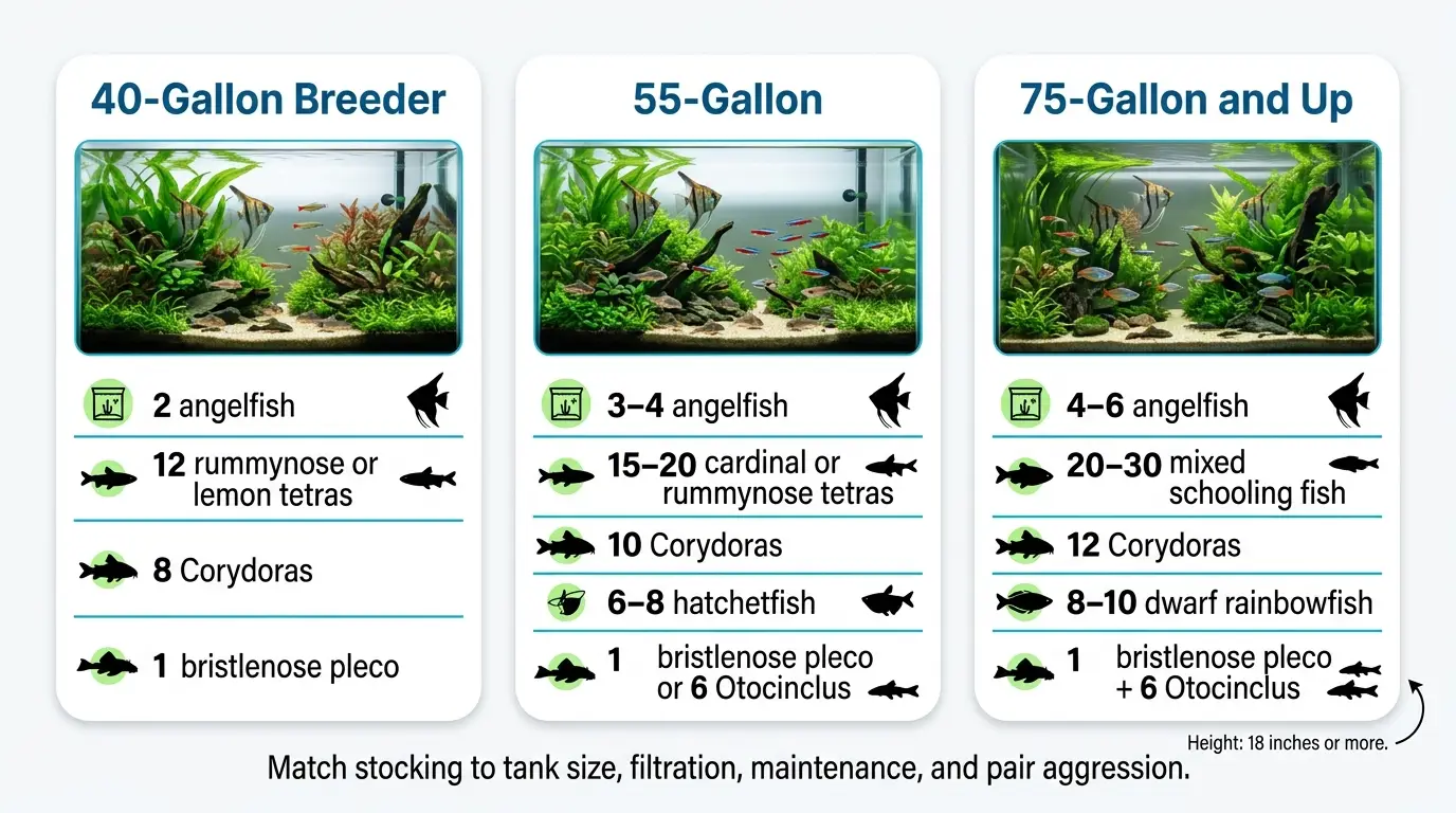 Aquarium tank size and stocking infographic showing 40, 55, and 75 gallon angelfish community setups with appropriate fish groups and layout considerations