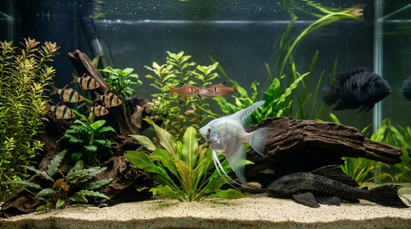 Angelfish separated visually from aggressive fin-nipping fish and oversized predatory species in an educational aquarium comparison scene