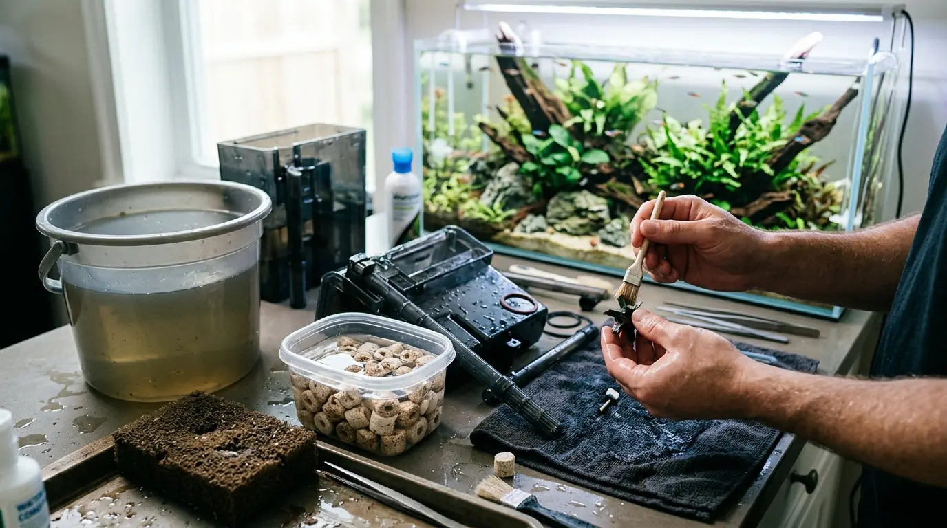 Aquarium filter maintenance setup showing separate mechanical and biological media with proper cleaning tools and old tank water