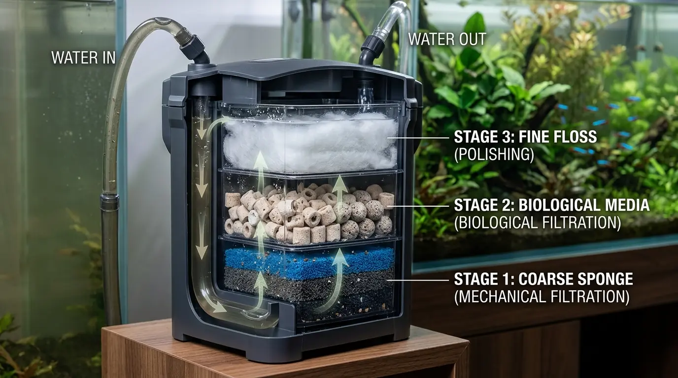 Aquarium filter containing coarse sponge, biological media, and fine filter floss arranged for effective mechanical and biological filtration
