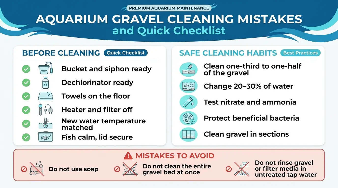 Aquarium maintenance checklist showing safe gravel vacuuming, water testing, equipment preparation, and partial substrate cleaning
