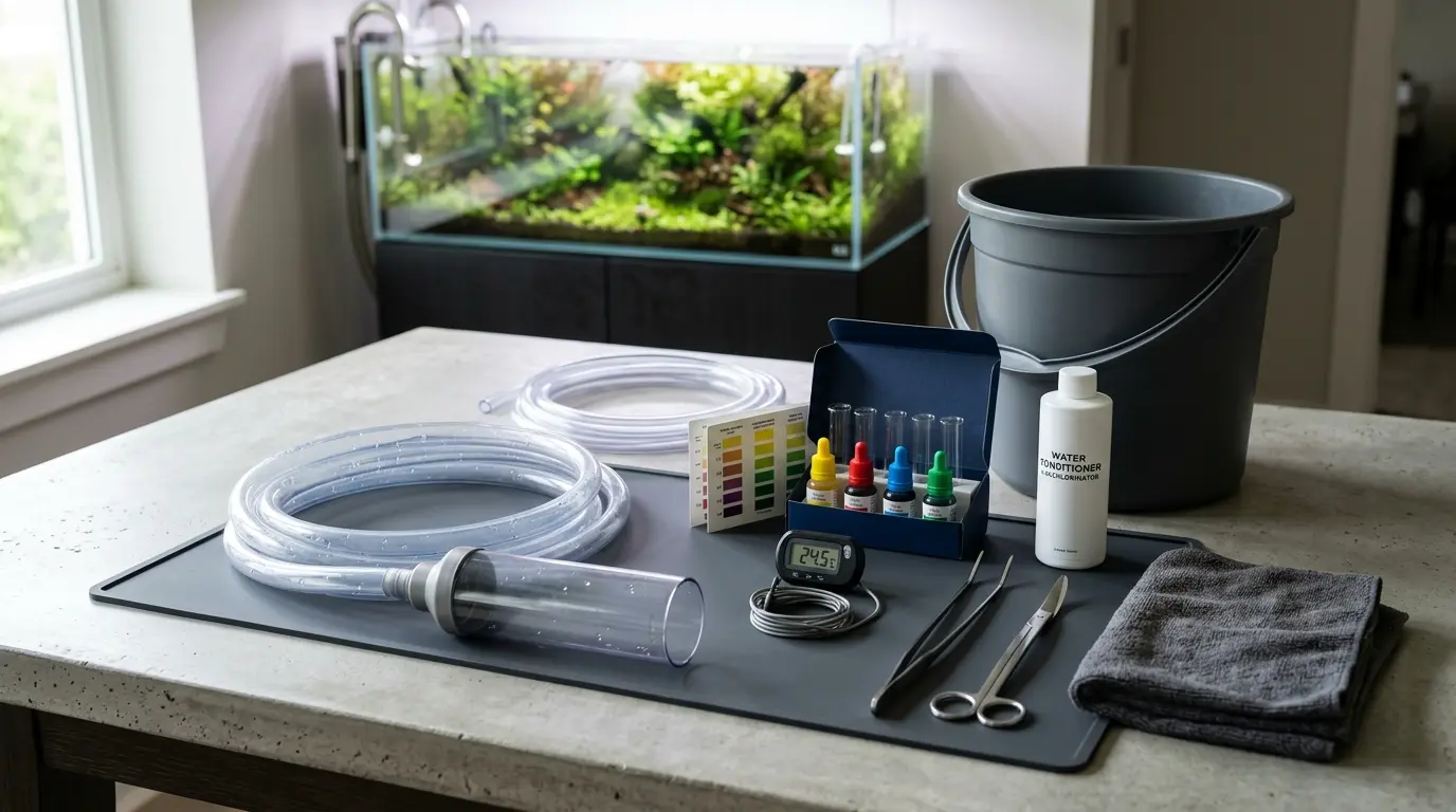 Gravel vacuum, aquarium bucket, dechlorinator, water test kit, thermometer, towel, and aquascaping tools prepared for gravel cleaning
