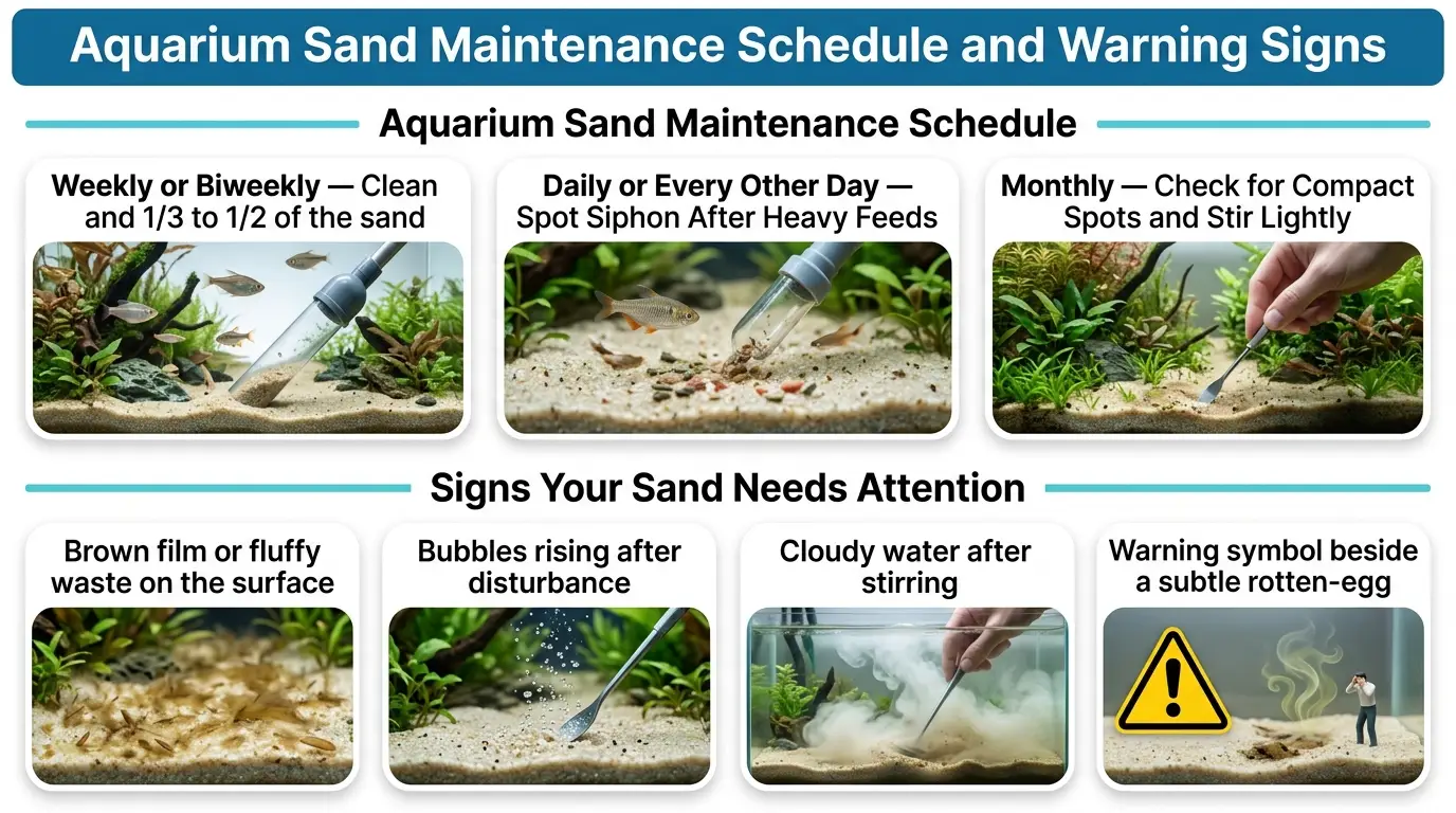 Aquarium sand maintenance guide showing weekly cleaning, spot siphoning, monthly checks, and signs of substrate problems