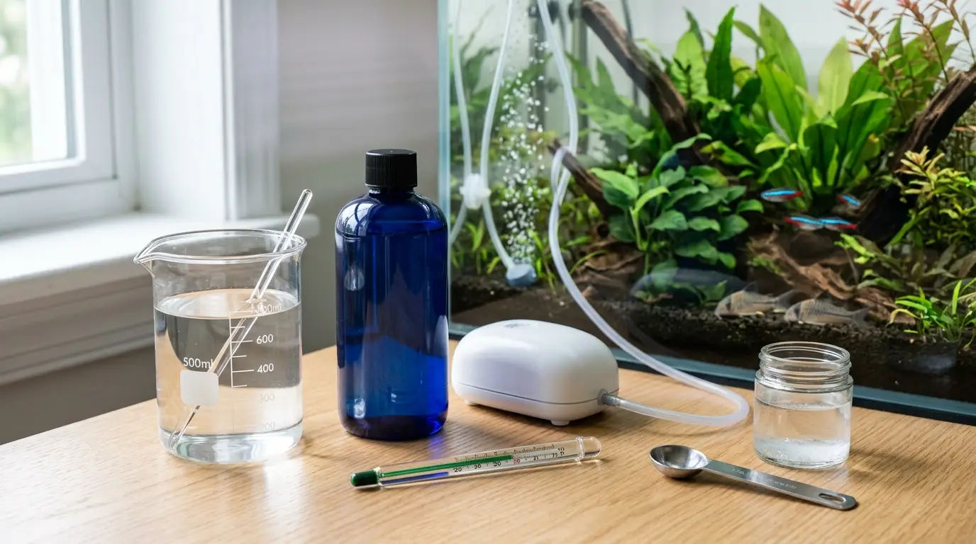 Aquarium water conditioner, air stone, thermometer, and dissolved aquarium salt prepared for freshwater fish tank maintenance.