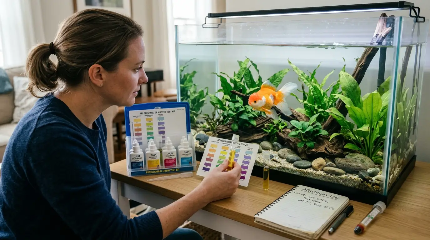 Aquarist testing aquarium water and observing a fish for signs of buoyancy problems.