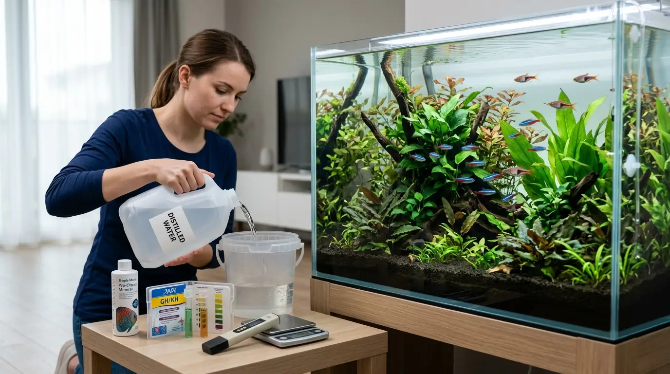 Aquarium setup illustrating the benefits and risks of using distilled water