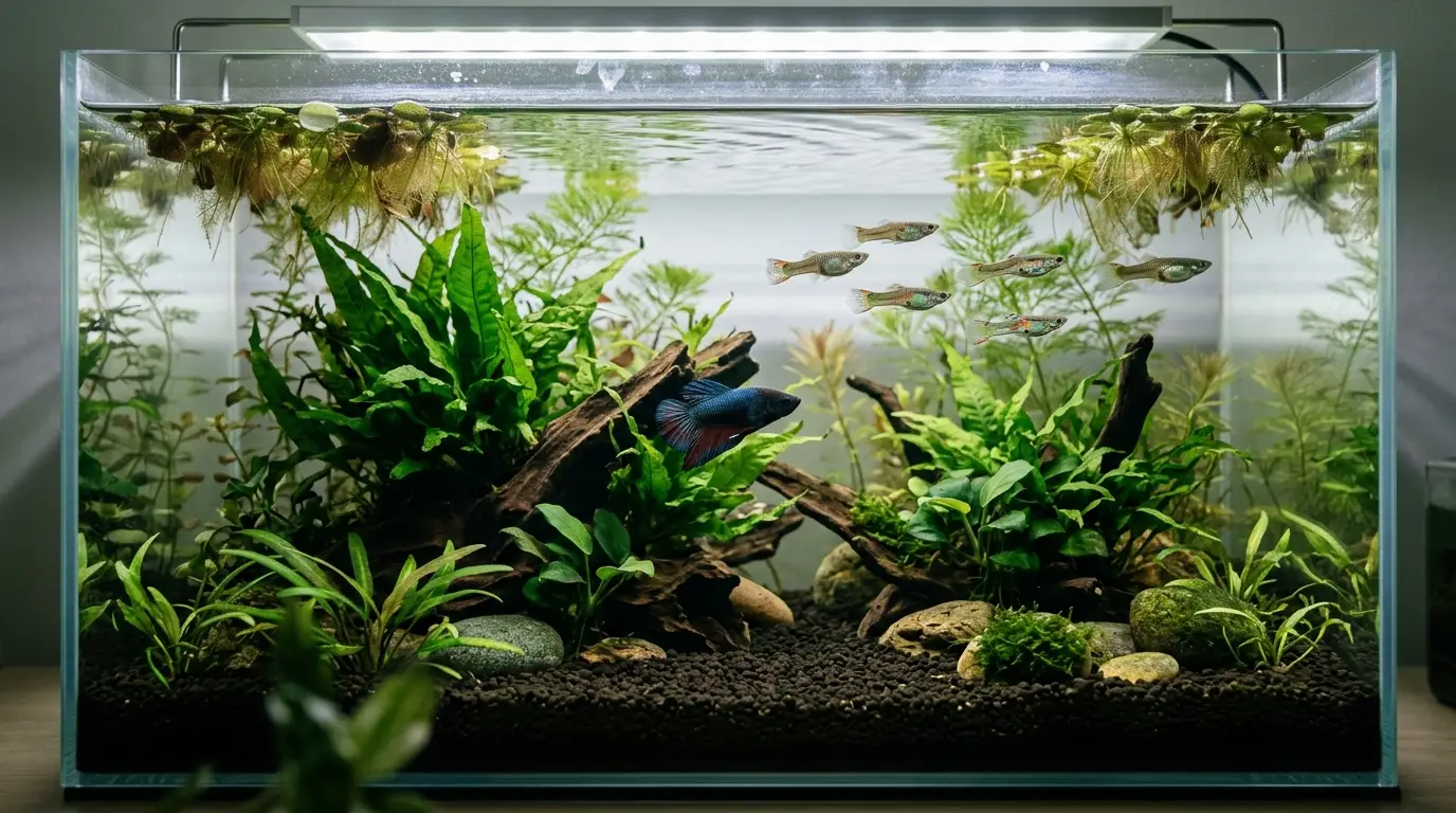 Calm betta with a small group of guppies in a spacious heavily planted aquarium
