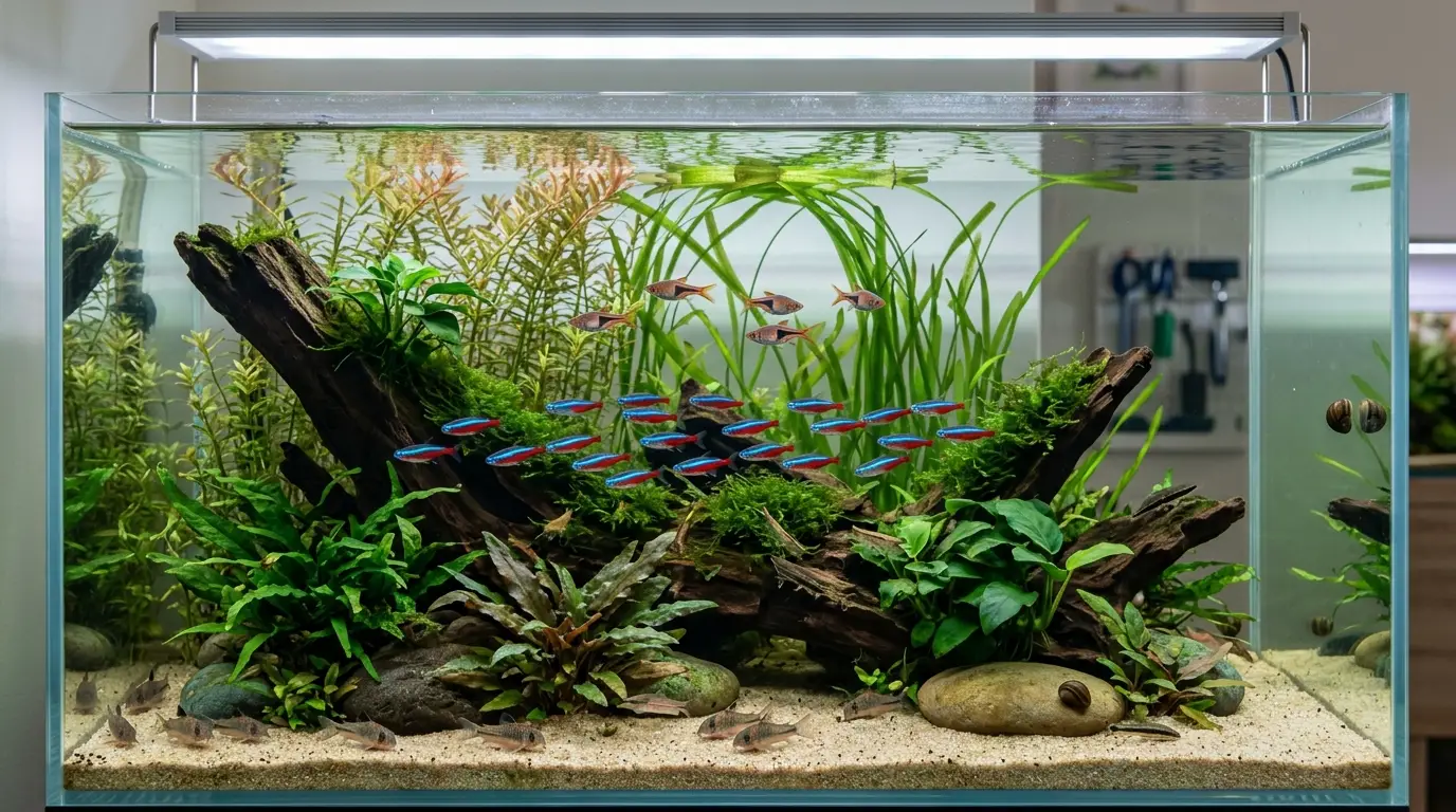 Neon tetras, rasboras, pencilfish, corydoras, kuhli loaches, otocinclus, shrimp, and snails occupying different areas of a planted community aquarium.