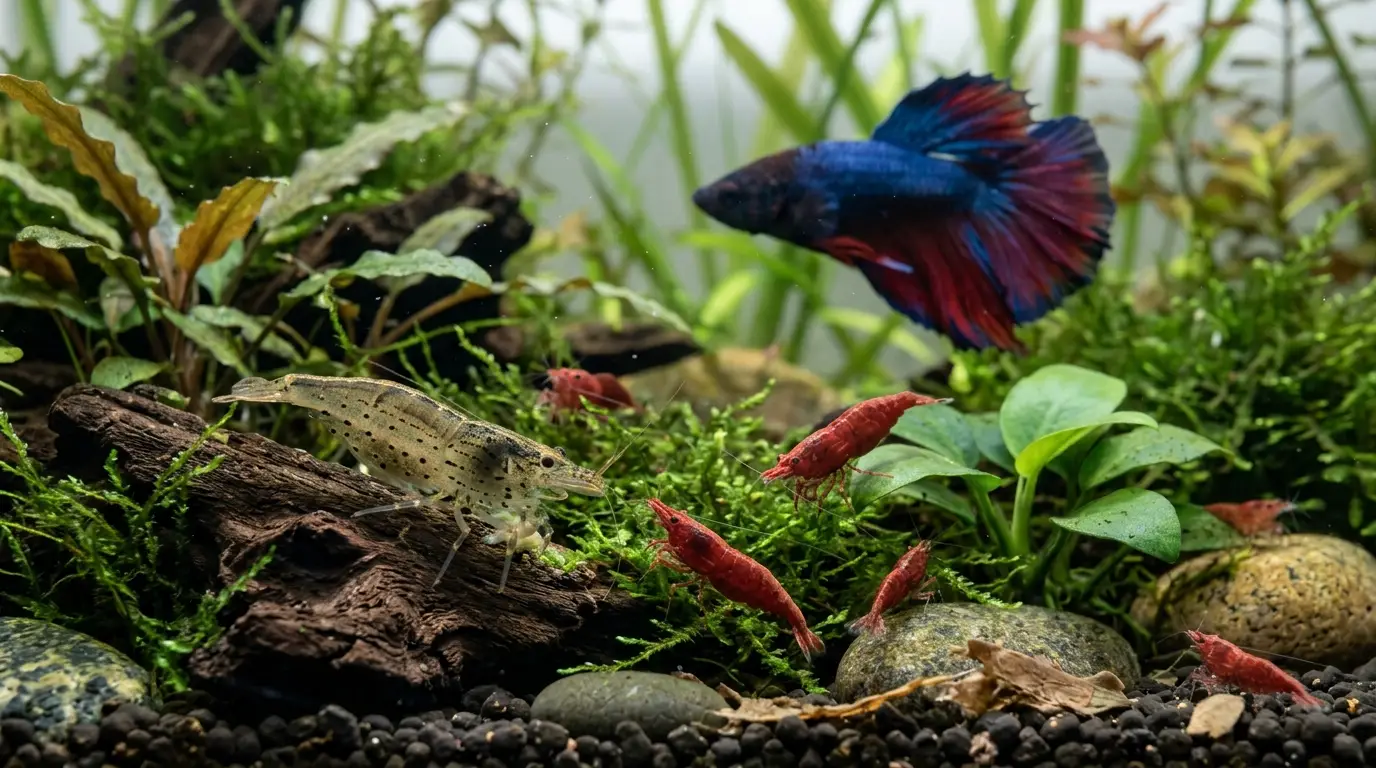 Amano shrimp and adult Neocaridina cherry shrimp in a planted aquarium alongside a betta.