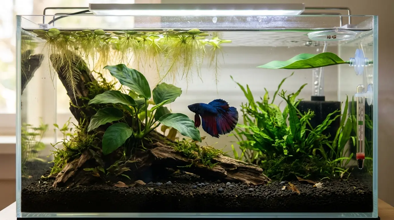 Healthy betta in a clean planted aquarium with gentle filtration, stable water conditions, and a controlled feeding area.