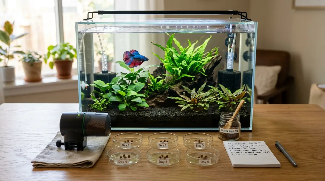 Betta vacation feeding setup with labeled food portions, tested automatic feeder and aquarium sitter plan