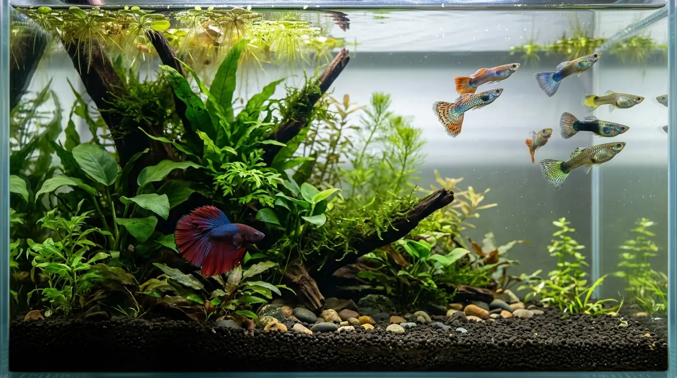Betta and guppies occupying different areas of a planted aquarium while maintaining natural swimming behavior