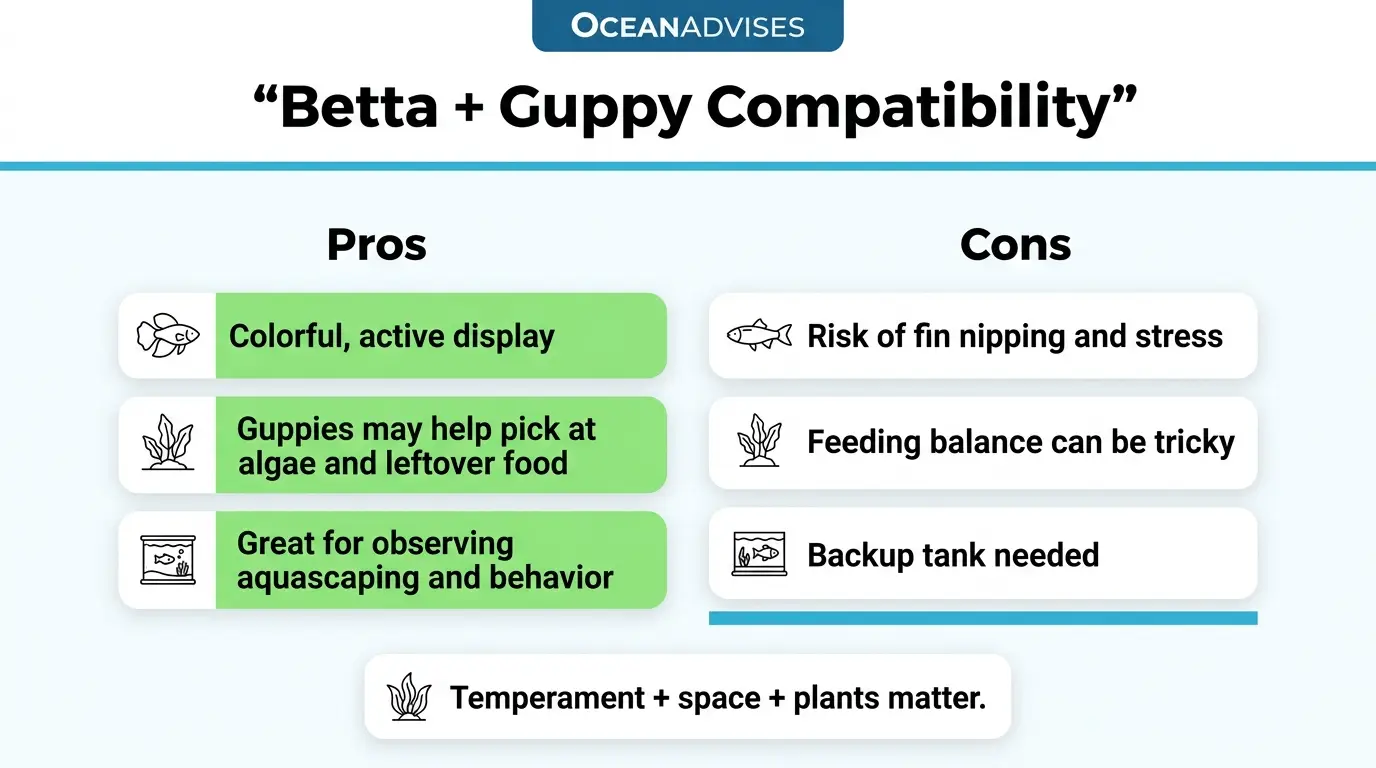 Balanced planted aquarium illustrating the attractive but carefully managed relationship between bettas and guppies