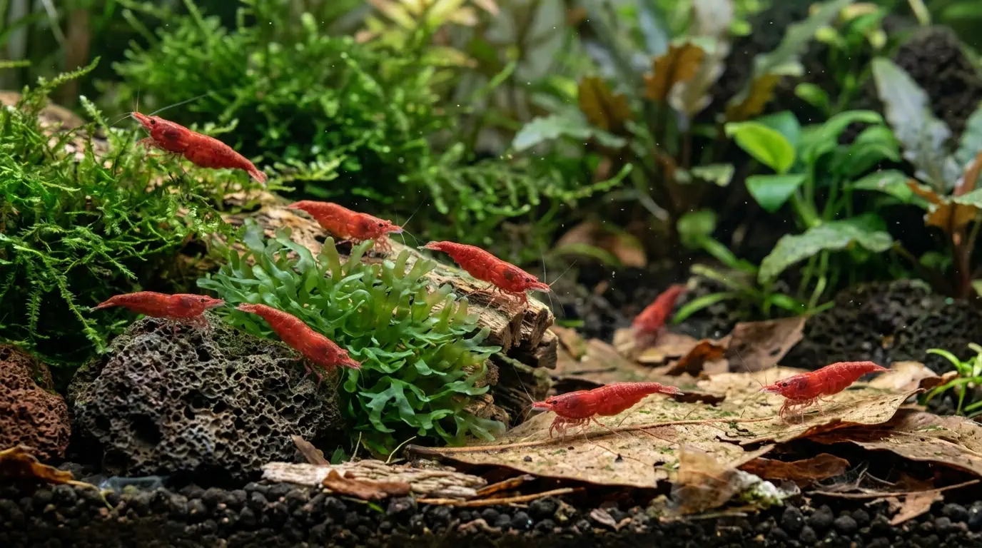 Cherry shrimp grazing on biofilm-covered cholla wood, moss, lava rock, and leaf litter in a mature aquarium