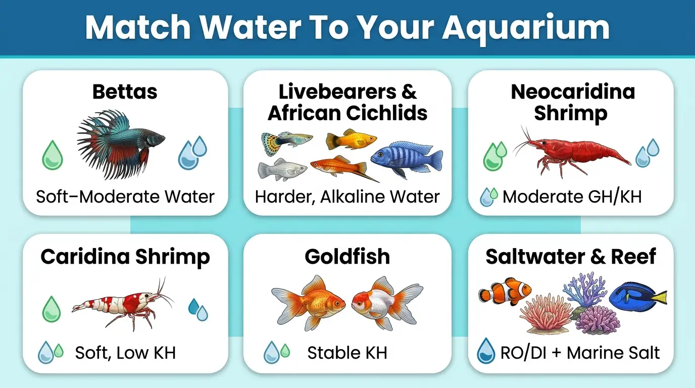 Freshwater fish, shrimp, goldfish, and planted aquarium setups requiring different water parameters.