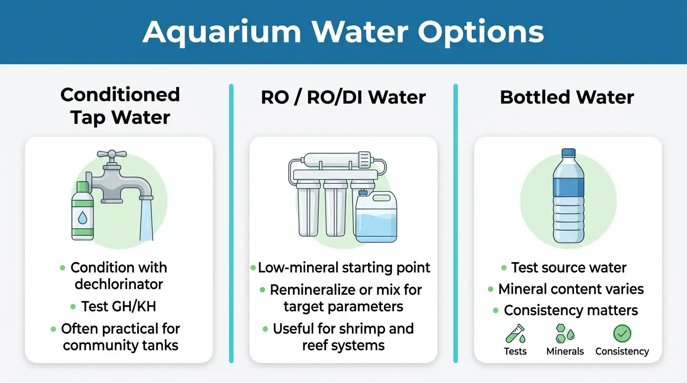 Comparison of bottled water, RO or RO/DI water, and conditioned tap water for aquarium use.