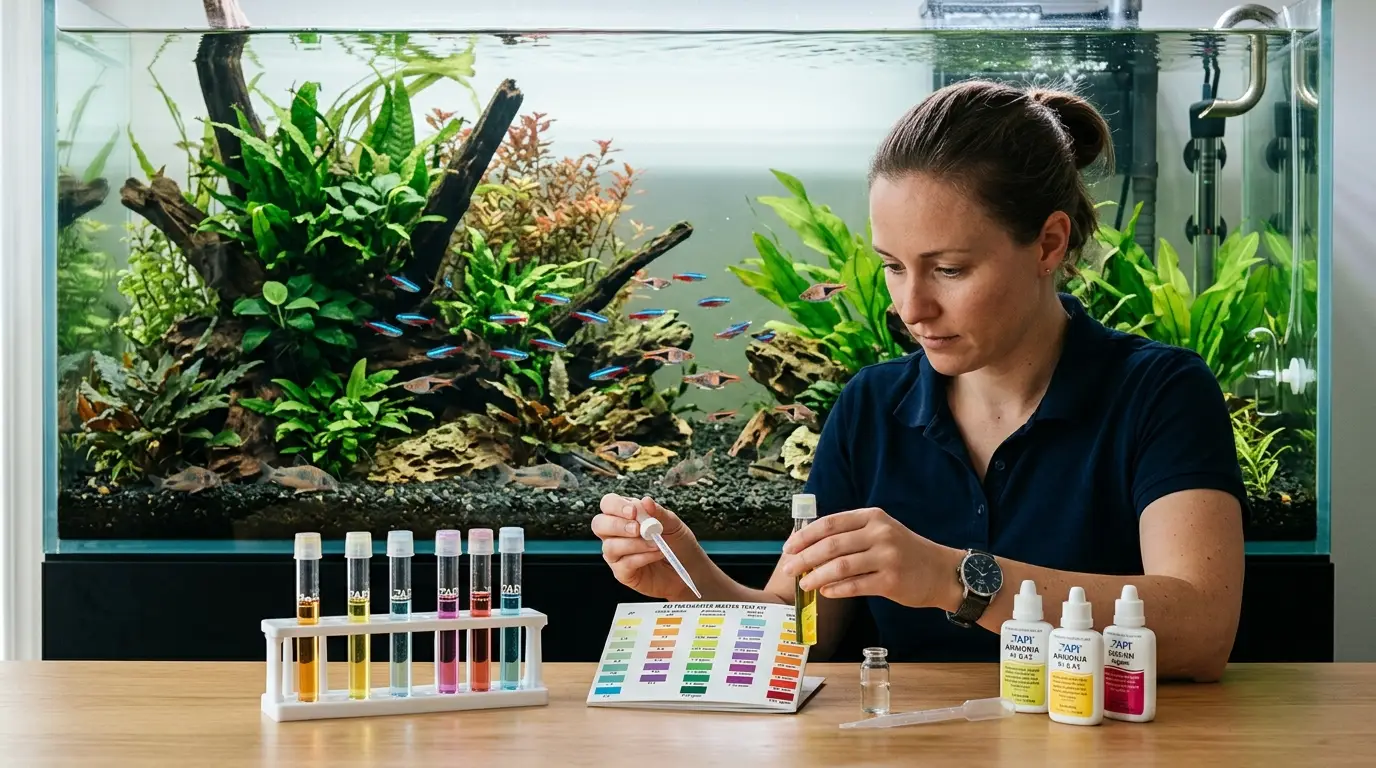 Aquarist testing aquarium water with liquid test tubes beside a planted freshwater tank.