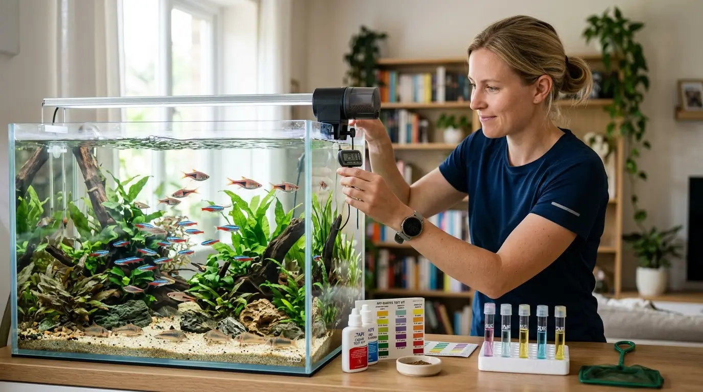 Aquarist checking fish health and aquarium water parameters after returning from vacation.