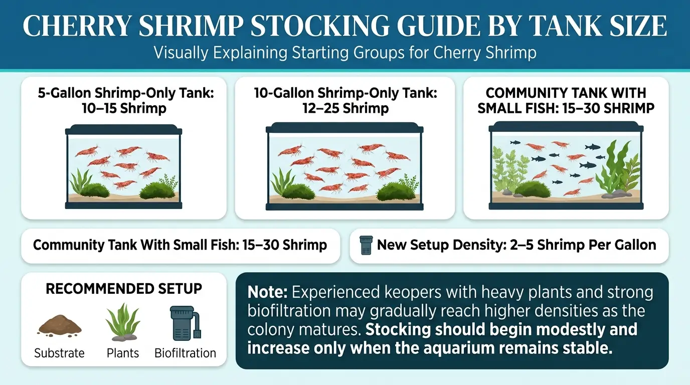 Infographic showing recommended starting numbers of cherry shrimp for 5-gallon and 10-gallon aquariums and general stocking density.
