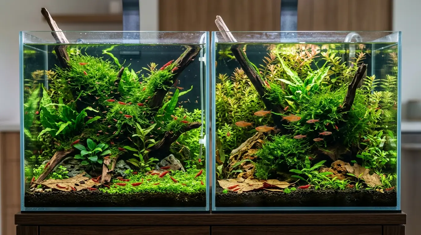 Comparison-style realistic aquarium scene showing cherry shrimp thriving in a planted shrimp-only tank versus living among small peaceful fish.