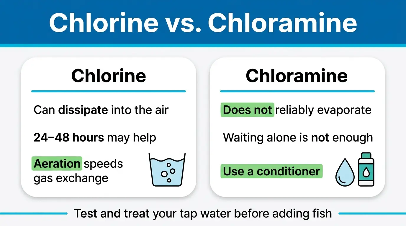 Aquarium water preparation showing untreated tap water, chlorine evaporation, and chloramine requiring water conditioner.