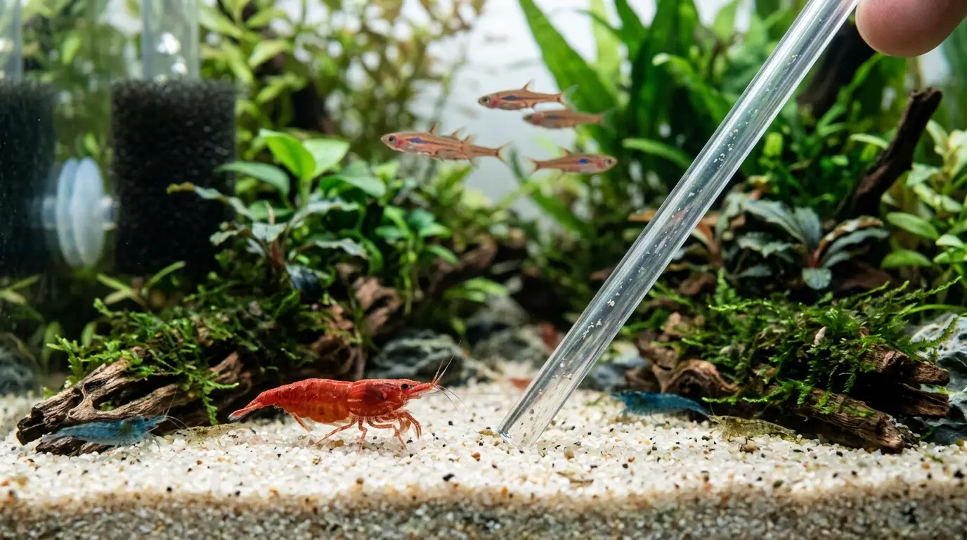 Gentle airline tubing siphon cleaning fine aquarium sand in a shrimp and nano fish tank