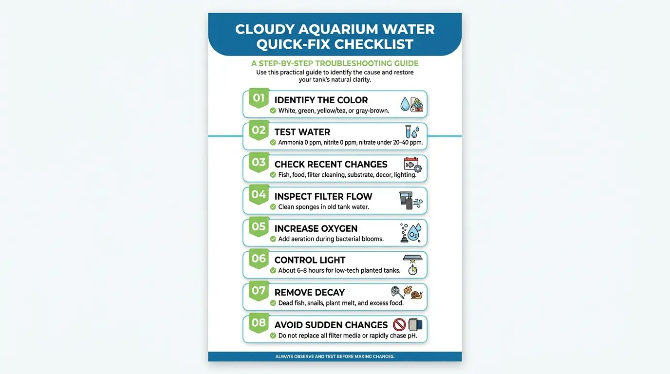 Aquarium troubleshooting checklist covering water testing, filtration, feeding, lighting, debris removal, and oxygenation