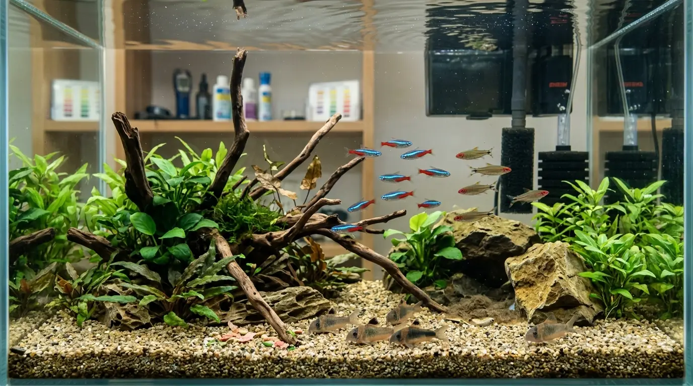 Freshwater aquarium showing common ammonia sources including excess food, fish waste, dead plant matter, and inadequate filtration.