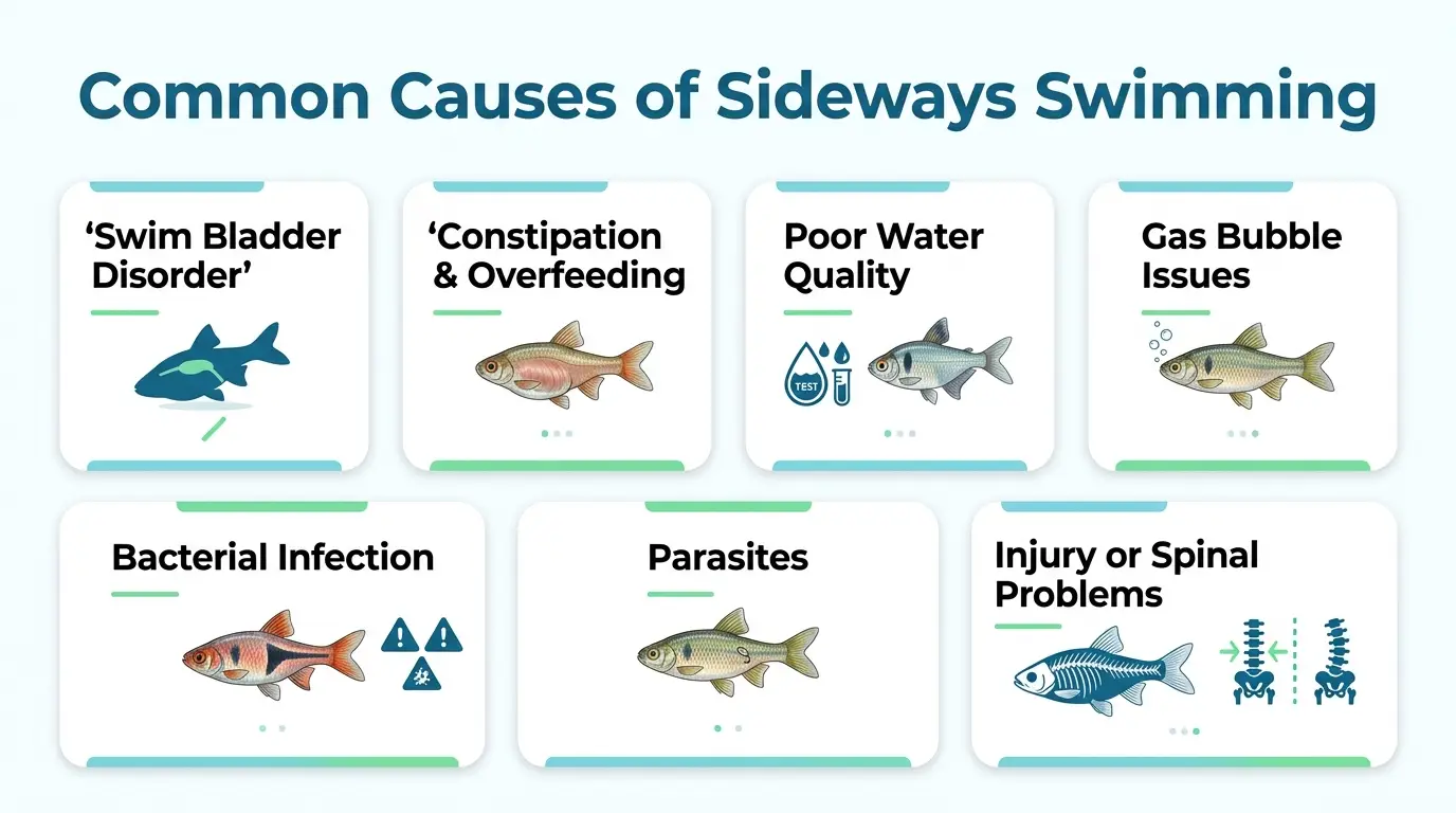 Educational visual showing swim bladder problems, constipation, poor water quality, infection, injury, parasites, and gas bubble issues in freshwater fish.