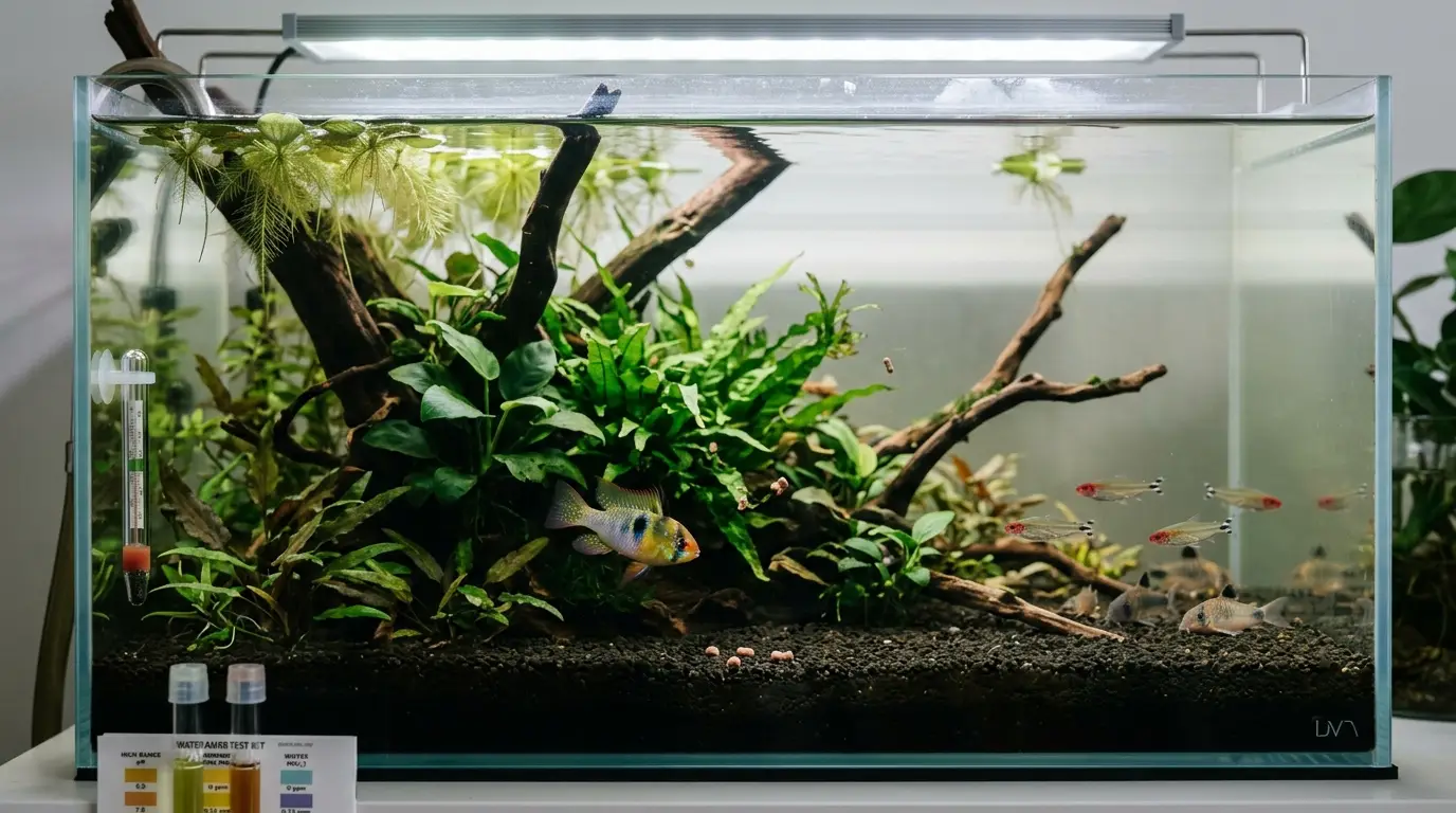 Healthy aquarium fish alongside visual examples of common feeding problems including stress, poor water quality, unsuitable food, and illness.