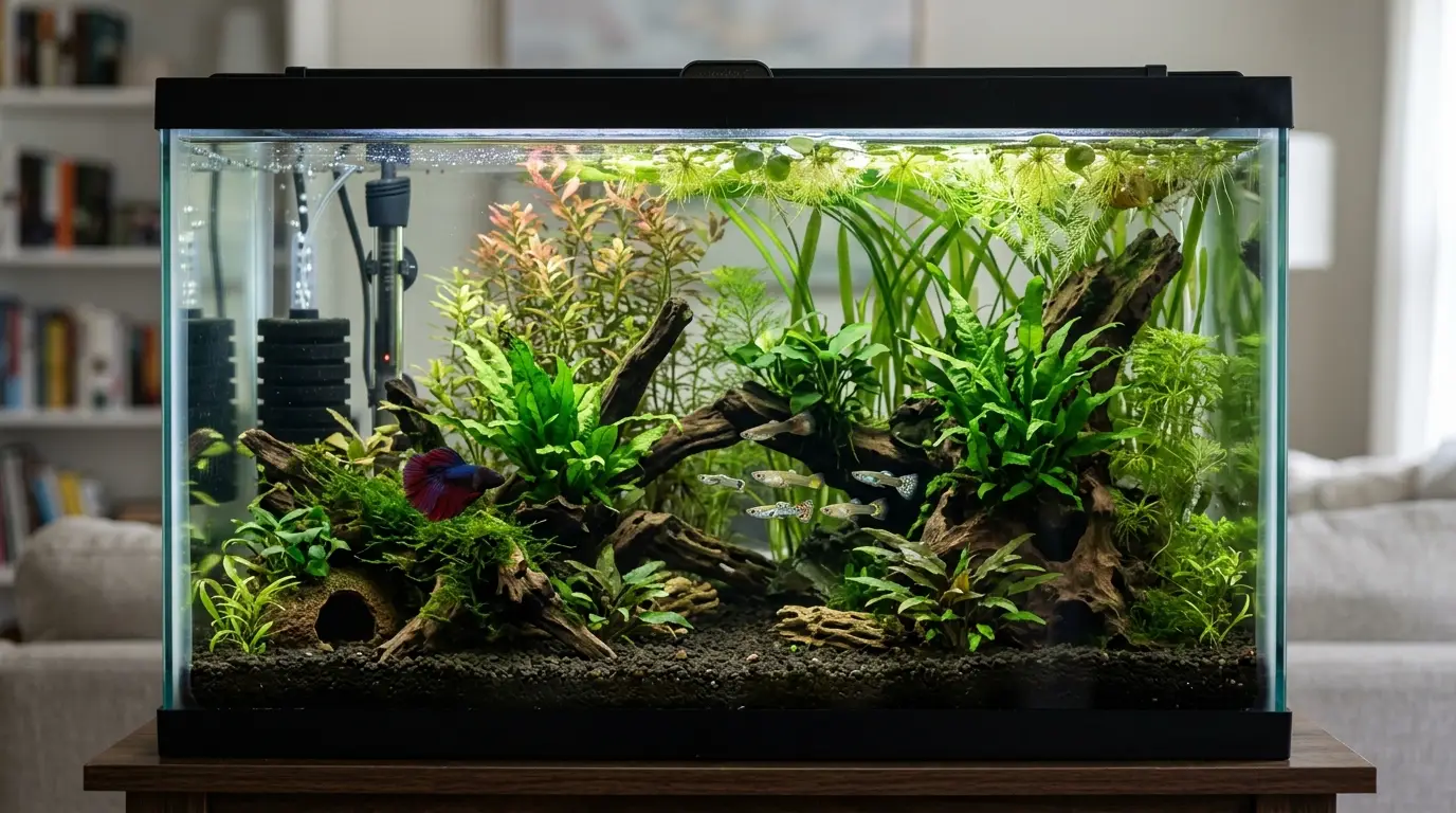 A male betta observing colorful guppies near planted cover in a community aquarium