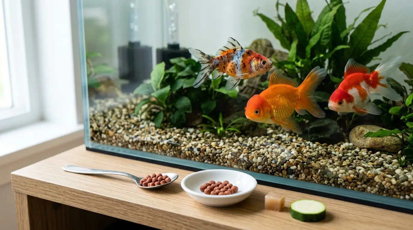 Small spoon, soaked pellets, sinking food, and controlled portions prepared for feeding adult goldfish
