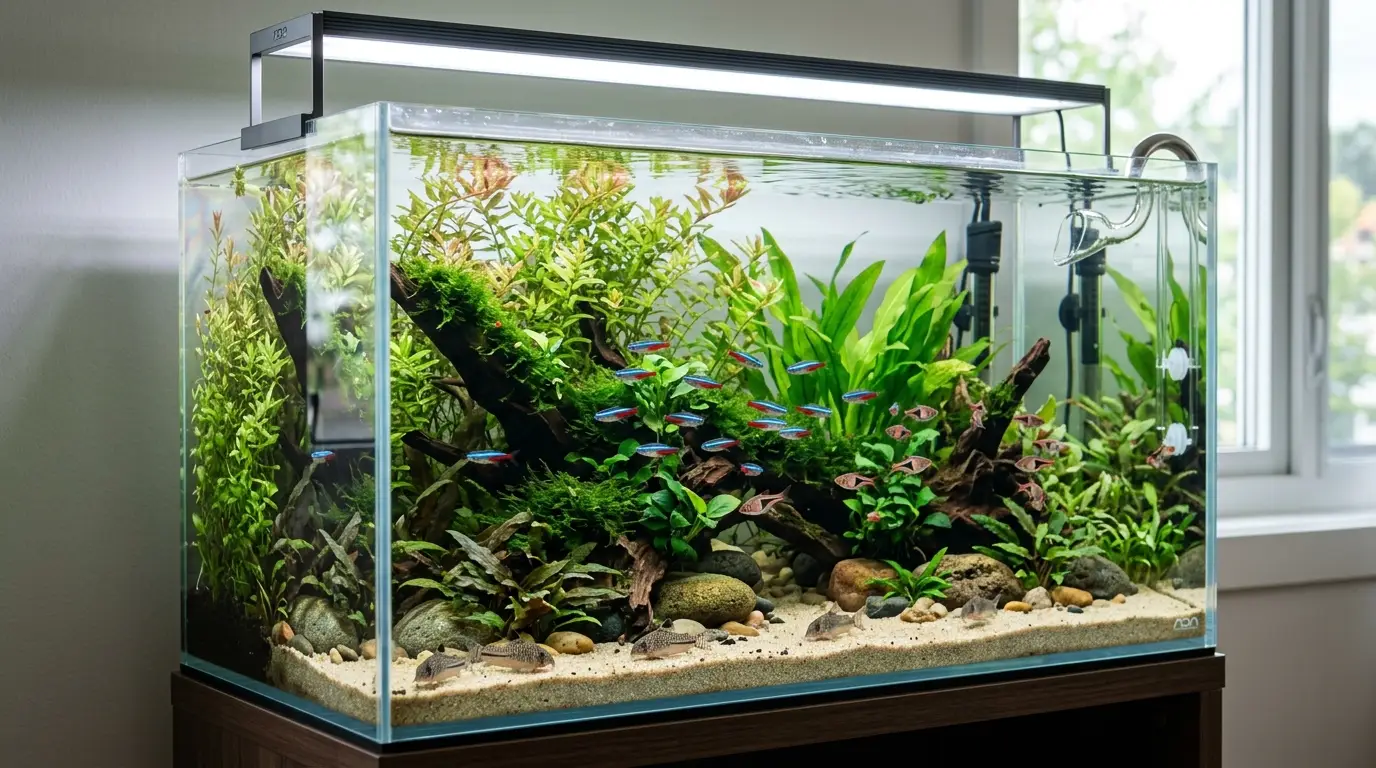 Healthy planted aquarium with stable conditions, hiding places, appropriate lighting, and a calm environment for fish.