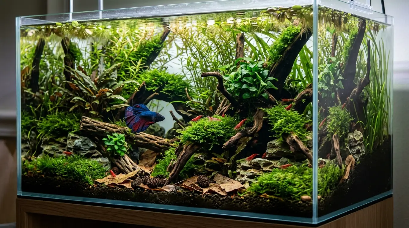 Densely planted betta and shrimp aquarium with moss, driftwood, rocks, leaf litter, and shaded hiding areas.